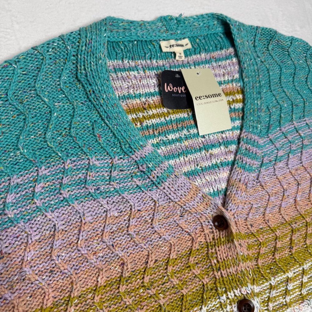 EE:SOME Striped Cable Knit Cropped‎ Cardigan Sweater Women Teal Purple Green M